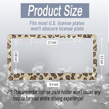 1 Pack Bling License Plate Frames, Bedazzled Sparkly Cute Water Diamond Stainless Steel，Car Accessories with Diamond Sparkle Glitter Caps（Leopard Print） - color: Leopard Print, size: 1