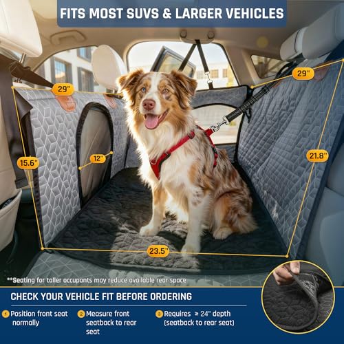 Dog Car Seat for Large Medium Dogs | Waterproof Dog Seat Cover for Back Seat with Hard Bottom | Alloy Twist-Lock Rods | 3 Mesh Windows | Removable Fleece Mat | Cars, SUVs, Trucks (Grey) - color: Grey