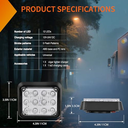 Nilight 12LED Magnetic Wireless Trailer Lights 2PCS Rechargeable Portable Hazard Beacon Warning Light Amber and White Emergency Strobe Light for Trucks Trailers Vehicles Cars Bus Surface Mount - color: 12LED Amber White