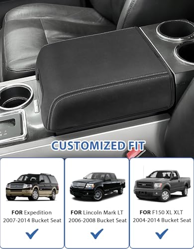 Center Console Cover for Ford F150 XL XLT 2004-2014, Expedition 2007-2014, Lincoln Mark LT 2006-2008, PU Leather Middle Armrest Cusion Protector, Bucket Seat Only, Anti-Scratch, Black Gray Stitching - size: Bucket Seat, 04-14 F150 XL XLT, gray stitch
