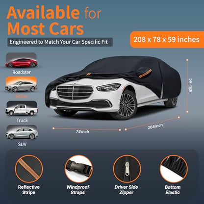 Waterproof Car Cover All-Weather, Heavy-Duty Outdoor Full Exterior Automobiles Snow Cover for Sedan 204-208 inch with Sun Visor,Zippered & Storage Bag - Black - size: Fit Sedan Length 204-208 inch(3XXL)