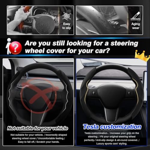 Shademax Custom-Fit for Tesla Steering Wheel Cover, Tesla Model Y 2020-2025 /Model 3 2017-2023Suede Steering Wheel Cover Protector, Non-Slip, Model Y/3 Accessories (Black) - color: Black