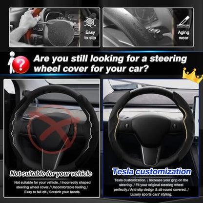 Shademax Custom-Fit for Tesla Steering Wheel Cover, Tesla Model Y 2020-2025 /Model 3 2017-2023Suede Steering Wheel Cover Protector, Non-Slip, Model Y/3 Accessories (Black) - color: Black