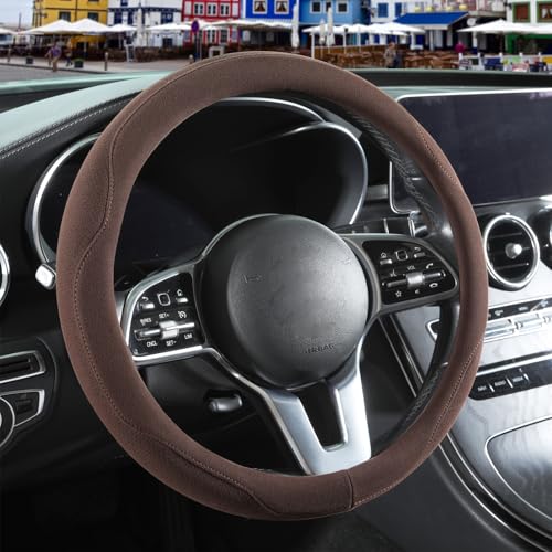 Brown Suede Steering Wheel Cover Large for Model X Model S Ford F150 F250 F350, Breathable Non-Slip Sweat-Proof Wear-Resistant, Warm in Winter and Cool in Summer, 15.5 inch to 16 inch - color: Brown, size: Round-L[15.5''-16'']