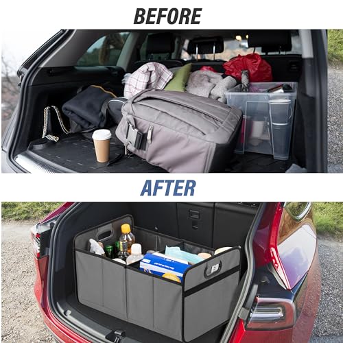 Simple Deluxe Car Trunk Organizer, 2 Compartments Collapsible Trunk Storage, Anti-slip Design, Made of Waterproof 600D Oxford Polyester, Suitable for SUV, Minivan, Truck, Standard Size, Grey