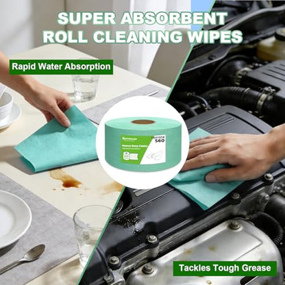 Jumbo Roll Industrial Cleaning Wipes, Super Absorbent Heavy Duty Cloths, Green (1 Roll of 500 Sheets, 5"x 15" Each Sheet) - color: Green