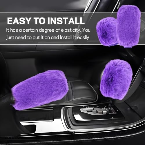 Hovom 2PCS Fluffy Car Gear Shift Knob Cover & Handbrake Cover, Soft Plush Hand Brake Handle & Gear Shift Cover for Women Girls, Universal Comfortable Warm Furry Car Accessories (Purple) - color: Purple