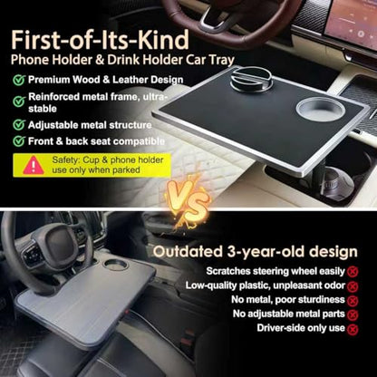 Car Food Tray & Car Table Tray with Car-Grade Aluminum Cup Holder & Phone Stand, Premium Wood with Leather Surface, 360° Rotating Car Desk for Laptop &Eating (Square, Black) - color: 𝗦𝗾𝘂𝗮𝗿𝗲 · Black