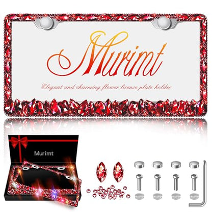 Bling License Plate Frame 2 Pack Rhinestone Bedazzled License Plate Over | Holder Sparkly Diamond Glitter Stainless Steel Frame（CPJ-03-Red 2） - color: CPJ-03-Red 2