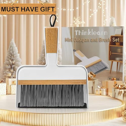THINKLEARN Mini Dustpan and Brush Set, Portable Broom and Dustpan Combo Set with Bamboo Handle and Soft Rubber Lip, Compact Cleaning Tool for Kids, Car, Desk, Pet, Camping
