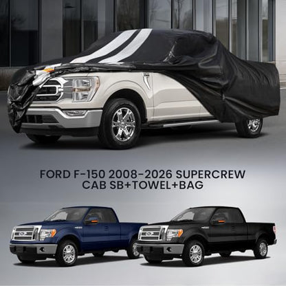 F-15oTruck Cover Custom Fit 2008-2026 SuperCrew Cab Short Bed(5.5'-6.5') with Door Zipper, 10 Layers Outdoor Heavy Pickup Truck Cover Waterproof All Weather, Wind Dust Sun Protector. - size: F-15o 2008-2026 SuperCrew Cab+Towel+Bag