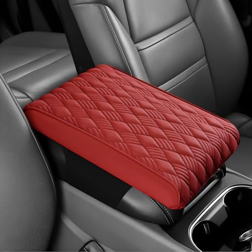 Car Center Console Cover, 12.6"×8.3"×2" Leather Car Armrest Cover, Soft Memory Foam Auto Armrest Cushion Pad, Vehicle Arm Rest Box Protector, Universal Interior Car Accessories (Wine Red)