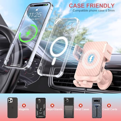 Wireless Car Charger, MOKPR 15W Fast Charging Auto-Clamping Car Charger Phone Mount Air Vent Cell Phone Holder Compatible iPhone 16/15/14/13/13 Pro/12 pro/12/11, for Samsung Galaxy S23/S22/S21, Pink - color: Pink