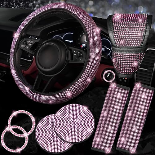 NBTEPEM 8 pcs Pink Bling Car Accessories Set for Women, Steering Wheel Cover, Sparkly Seat Belt Covers, Bling Gear Shift Cover, Universal Fit Most Cars (Pink Diamond) - color: Pink Diamond, size: Steering Wheel Cover Set