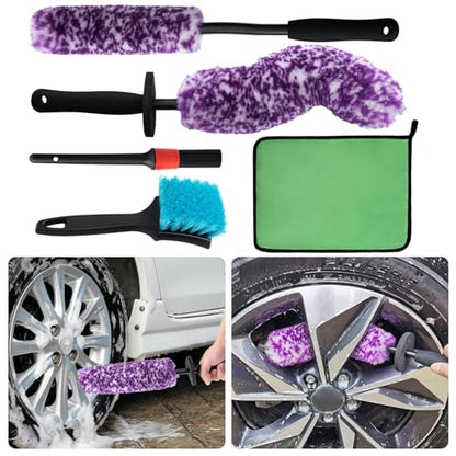 5 Pack Car Wheel and Tire Cleaner Brushes Kit Auto Motorcycle Rim Ultra Soft Microfiber No Spatter Bendable Woolies Bristle Cleaning Set (Purple & White) - color: Purple & White