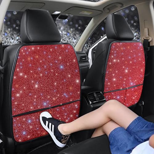 Luxury Bling Car Seat Back Protectors with Pockets – Sparkling Rhinestone Kick Mats, Universal Fit PU Leather Back Seat Covers for SUV Leather Seats, Diamond Protectors for Girls Red 2pcs - color: Red 2Pcs