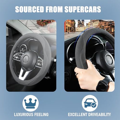 14 inch Gray Suede D Shaped Steering Wheel Cover, Breathable Non-Slip Sweat-Proof Wear-Resistant No Pilling, Warm in Winter and Cool in Summer - color: Gray, size: D Shape-S[13.5''-14'']
