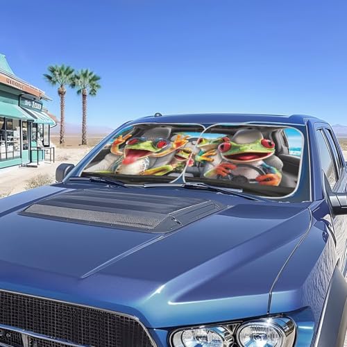 2 Piece Windshield Sun Shade Funny Frog Windshield Sunshade Sun Visor Protector Sun Reflector Blocks UV Sun and Keeps Your Vehicle Cool - color: Funny Frog Printed