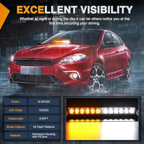 Nilight 12LED Traffic Advisor Strobe Light Bar Amber White Emergency Warning Hazard Safety Dash Front/Rear Windshield Flashing Lights for Cars Trucks Police Firefighter Plow Construction Vehicles - color: Amber White