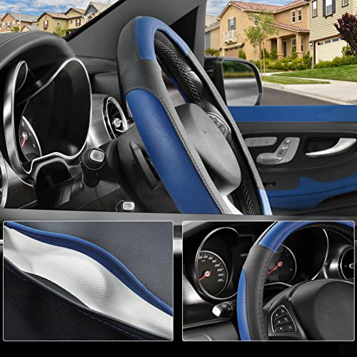 SEG Direct Car Steering Wheel Cover Universal Standard Size 14.5-15 inch, Black and Blue Microfiber Leather - color: Black and Blue, size: Standard size[14 1/2''-15'']