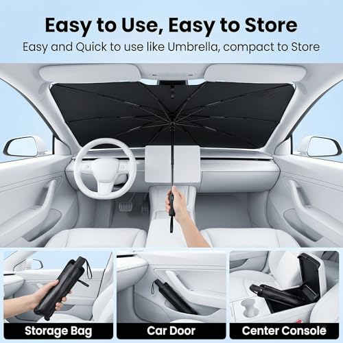 Upgraded Car Windshield Sun Shade Umbrella, Car Shade Front Windshield Sun Shade, Foldable Umbrella for Block UV Rays & Sun Heat Protection, 57"X31" - color: Red