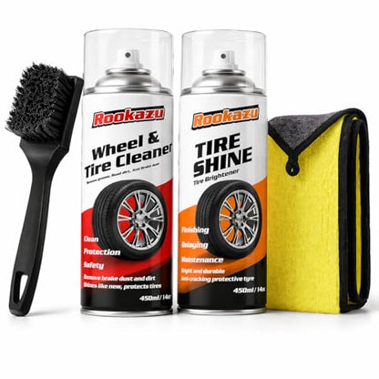 Wheel & Tire Cleaning Kit - 2 Pack (14 oz Bottles) | All-in-One Cleaner for Brake Dust & Grime | Restores Tire Shine | Includes Wheel Cleaner, Tire Shine, Brush & Towel