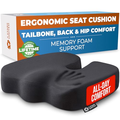 5 STARS UNITED Seat Cushion - Memory Foam Chair Cushion for Tailbone Pain Relief - Ergonomic Support for Coccyx, Sciatica & Butt - Office, Desk & Gaming Chair, Car Seat, Wheelchair, Airplane, Black - color: Black Mesh, size: Large