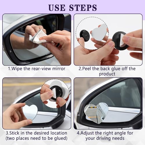 2PCS Blind Spot Mirror, Side Mirror Blindspot, Heart Shaped HD Glass Frameless Convex Rear View Mirrors, 360° Adjustable Wide Angle Auxiliary Mirrors Accessories Universal for Most Vehicles