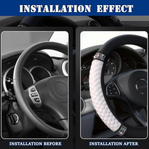 Soft Leather Car Steering Wheel Cover, Universal 15 Inch Colorful Rhinestones Anti-Slip Elastic Steering Wheel Covers for Most Cars, Sparkly Crystal Diamond for Women Girls (White) - color: White
