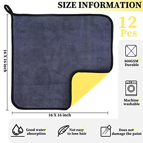 Tallew 12 Pcs Microfiber Towels for Cars, 800 GSM Plush Drying Cleaning Cloth Bulk, 16 x 16 Inch Thick Absorbent Wash Detailing Towels for Car Polishing, House, Kitchen Cleaning(Yellow and Gray) - color: Yellow and Gray