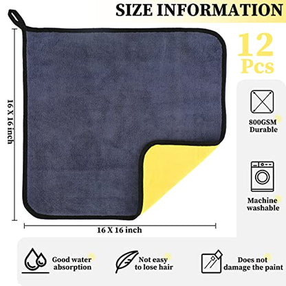 Tallew 12 Pcs Microfiber Towels for Cars, 800 GSM Plush Drying Cleaning Cloth Bulk, 16 x 16 Inch Thick Absorbent Wash Detailing Towels for Car Polishing, House, Kitchen Cleaning(Yellow and Gray) - color: Yellow and Gray