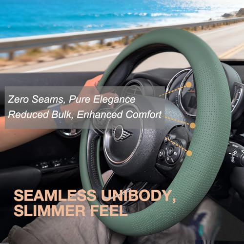 PINCTROT Nappa Leather Steering Wheel Cover, Slim Fit No Bulk Design, One Piece Leather with Breathable Perforation, Fit Like Gloves, Universal 14.5-15 Inch(Nappa Green) - color: 11.Green, size: Medium(Standard) Size[14 1/2''-15'']