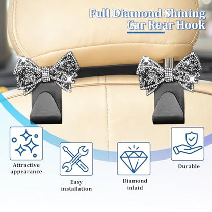 2PCS Bling Bow Car Seat Headrest Hook, Lovely Crystal Rhinestone Back Seat Storage Organizer for Handbag Purse Coat, Girly Sparkling Diamond Backseat Bag Hanger Holder, Universal Fit (Black) - color: Black