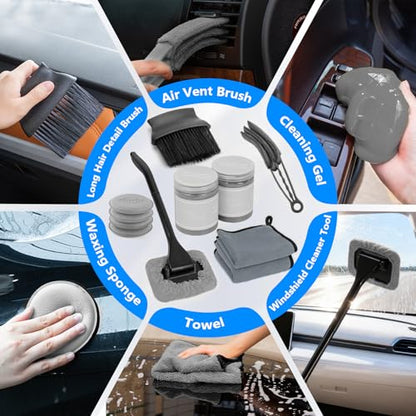 ThinkLearn Car Wash Detailing Kit with Foam Gun, Car Cleaning Kit Set,Car Wash Brush with Long Handle, Large Folding Bucket for Interior Exterior Car Wash Supplies, Car Gift Set Gray