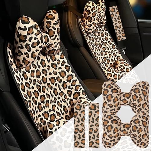 2PCS Chic Car Headrests with Bow-Shaped Cotton Linen Bowknot Neck Pillows for Cozy Road Trip & Cute Interior Decoration (Leopard Set 4Pcs) - color: Leopard Set 4pcs