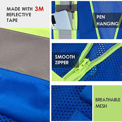 High Visibility Reflective Safety Vest with Zipper and Pockets Blue,M - color: Blue, size: Medium