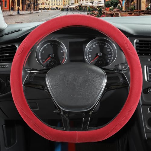 Red Suede D Shaped Steering Wheel Cover, Breathable Non-Slip Sweat-Proof Wear-Resistant No Pilling, Warm in Winter and Cool in Summer, Universal 15 inch - color: Red, size: D Shape-M[14.5''-15'']