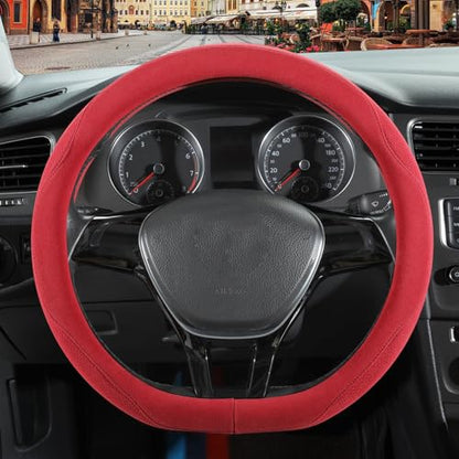 Red Suede D Shaped Steering Wheel Cover, Breathable Non-Slip Sweat-Proof Wear-Resistant No Pilling, Warm in Winter and Cool in Summer, Universal 15 inch - color: Red, size: D Shape-M[14.5''-15'']