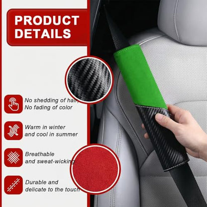 2PCS Car Seat Belt Cover, Soft Carbon Fiber Suede Breathable Vehicle Seat Strap Shoulder Cushion, Comfortable Automotive Interior Seatbelt Mat Pad, Universal for SUV Van RV (Black/Green) - color: Black/Green