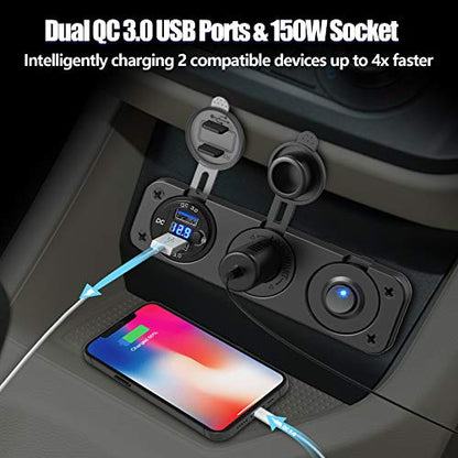 Cigarette Lighter Socket 12V Splitter with Rocker Toggle Switch, Dual Quick Charge 3.0 Aluminum Metal 12 Volt USB Outlet with LED Voltmeter, Waterproof Cigarette Lighter Adapter Female Socket Plug DC