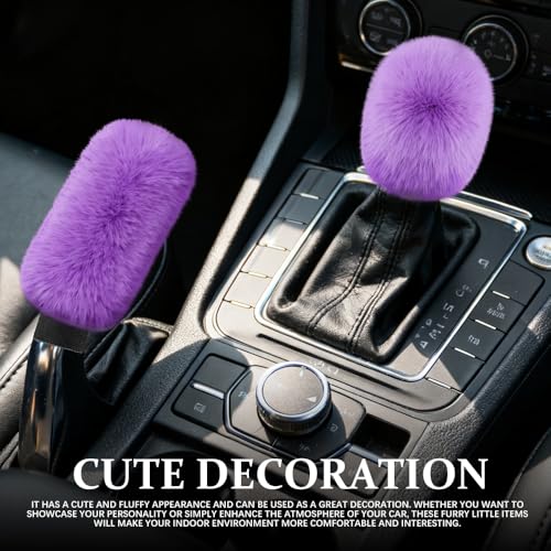 2PCS Plush Car Gear Shift Knob Cover & Handbrake Cover, Shift Knob Protector, Soft Fluffy Gear Handbrake Protective Sleeves, Shifter Lever Brake Handle Warm Plush Set for Cars (Purple) - color: Purple