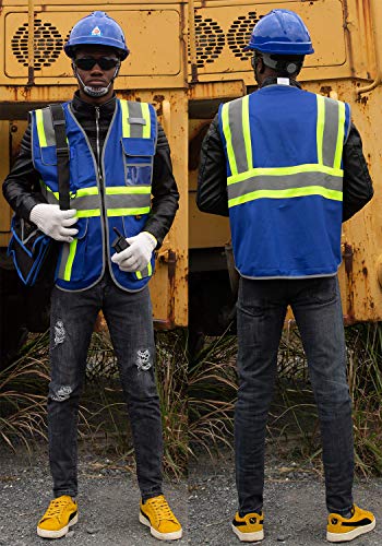 zojo High Visibility Safety Vest, 5PCS,Reflective with Multi-Functional Pockets and Zipper,for Men Women work(Blue-Strip) - color: Blue-strip