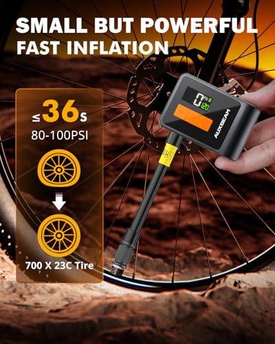 Auxbeam Tiny Bike Pump with Gauge, 120PSI Electric Bicycle Pump with Presta and Schrader Valve, Portable Air Pump for Road Bike, City, Mountain and E-Bike