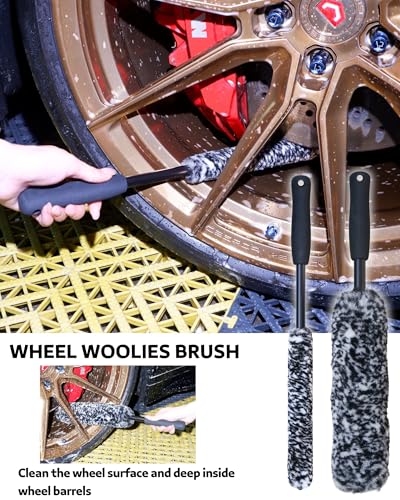 PRO Choice 4 Pack Long Handle Wheel Brush Kit for Cleaning Wheel and Tire- 2X Soft Wheel Cleaning Brush, Detailing Brush and Stiff Tire Brush - color: Grey & White
