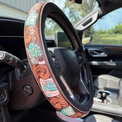 Western Cowboy Steering Wheel Cover Leather, Retro Car Tooled Leather Steering Wheel Cover, Embossed Hand-Painted Universal Anti-Slip - color: C Color