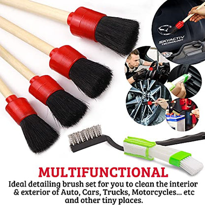 TAKAVU Complete Car Detailing Kit (12pc) - Detail Brushes, Wire Brushes, Vent Duster & Microfiber Towel for Wheels, Interior, Exterior, Engine Bay & Motorcycle Cleaning