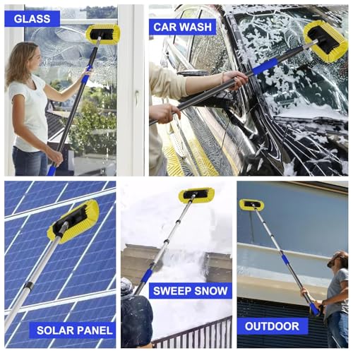 Buyplus 26FT Reach Car Wash Brush with Long Handle, 12-Inch Soft Bristle Head, Truck Wash Brush with 5-20FT Telescoping Pole, Car Washing Brush for Cleaning Car, SUV, RV, Boats, Solar Panels Blue