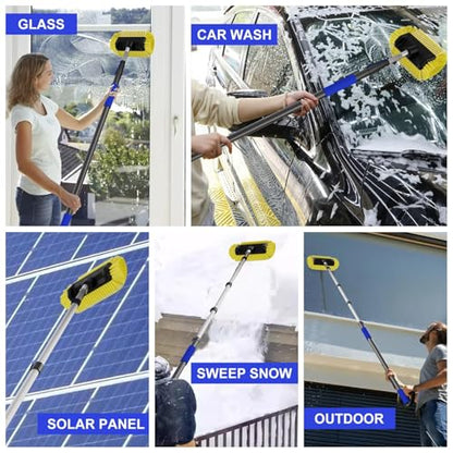 Buyplus 26FT Reach Car Wash Brush with Long Handle, 12-Inch Soft Bristle Head, Truck Wash Brush with 5-20FT Telescoping Pole, Car Washing Brush for Cleaning Car, SUV, RV, Boats, Solar Panels Blue
