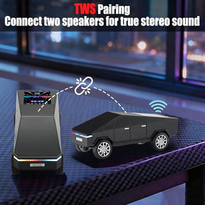 Futuristic Truck Bluetooth Replica Speaker with LED Display Screen – Portable Future-Style Audio with TWS Link, FM Radio, LED Lighting and Built-in Mic, For Every Technology and Truck Lover (Black) - color: Black