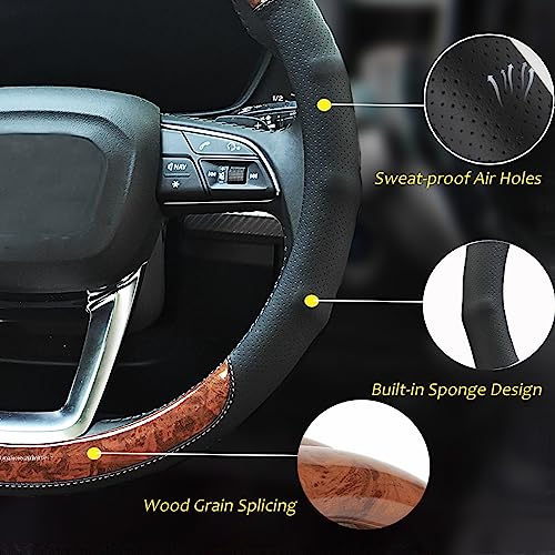 Wood Grain Steering Wheel Cover Car Steering Wheel Covers 14.5-15 inch with Coasters Microfiber Leather Splicing Breathable Anti-Slip Durable Universal Auto Steering Wheel Protective - color: wood grain